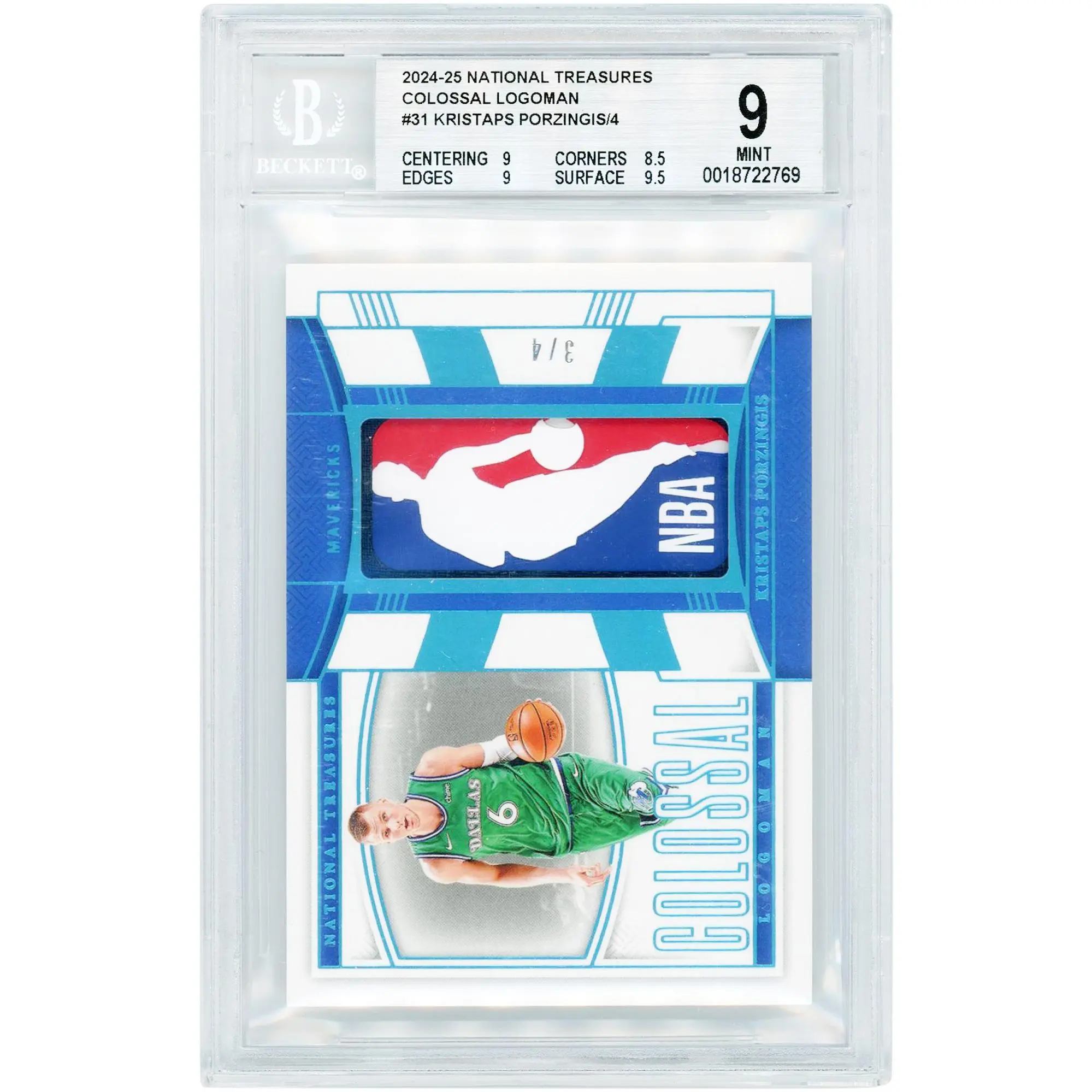 Kristaps Porzingis Dallas Mavericks 2024-25 Panini National Treasures Colossal Logoman #CLM-POR #3/4 BGS Authenticated 9 Card - 9,8.5,9,9.5 Subgrades - Fanatics Authentic Certified