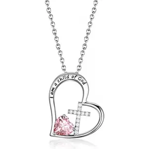 Easter Gifts for Girls, "I Am a Child of God" Heart Cross Birthstone Necklace for Girls Baptism First Communion Birthday Gifts Jewelry for Daughter Granddaughter Goddaughter