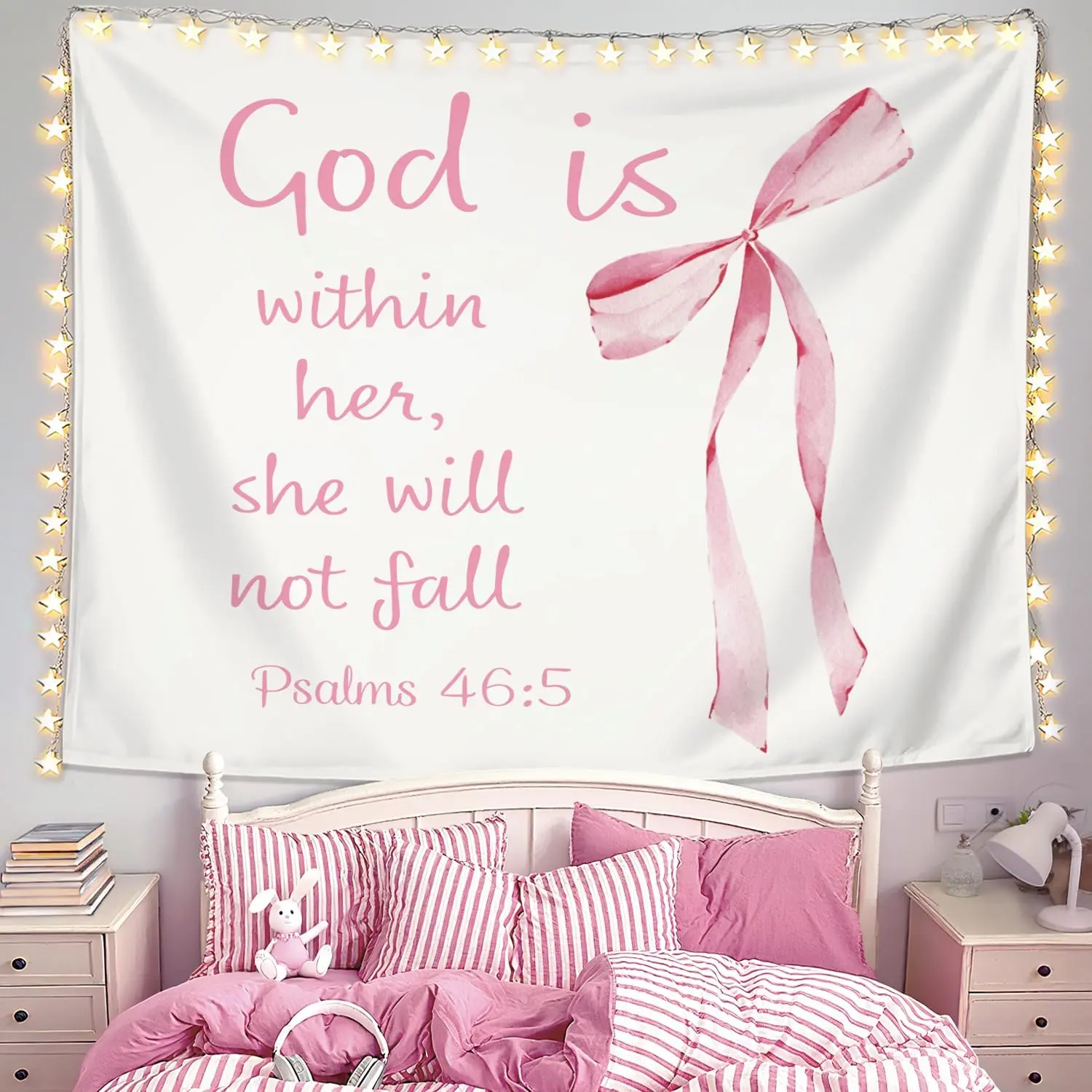 Coquette Pink Bow Christian Tapestry Aesthetic, Wall Tapestry for Bedroom, Pink Wall Art for Teen Girls & Women, Bible Verses Tapestries Wall Hanging, Preppy Girly Room Decor 50x60 inche