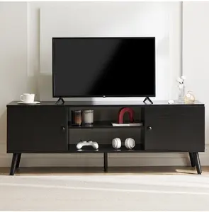 TV Stand for TVs up to 60", Modern Mid Century Entertainment Center with Storage, 2 Cabinet Media Console Table, Black