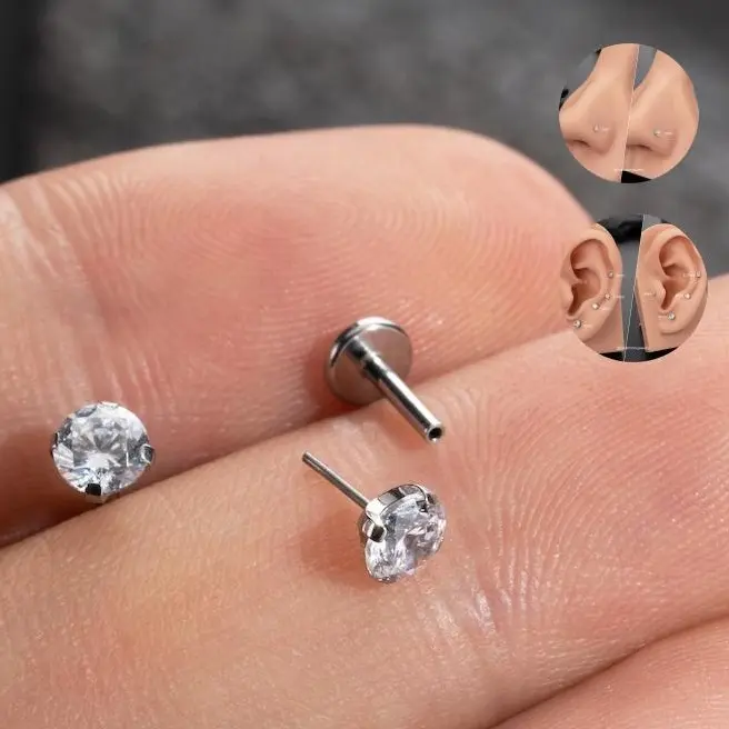 OUFER BODY JEWELRY G23 Titanium Threadless Push-Fit Nose Stud, 18G/20G Flat Back Piercing with Prong Set Cubic Zirconia for Daily Wear, Nostril & Helix, Nose Piercing