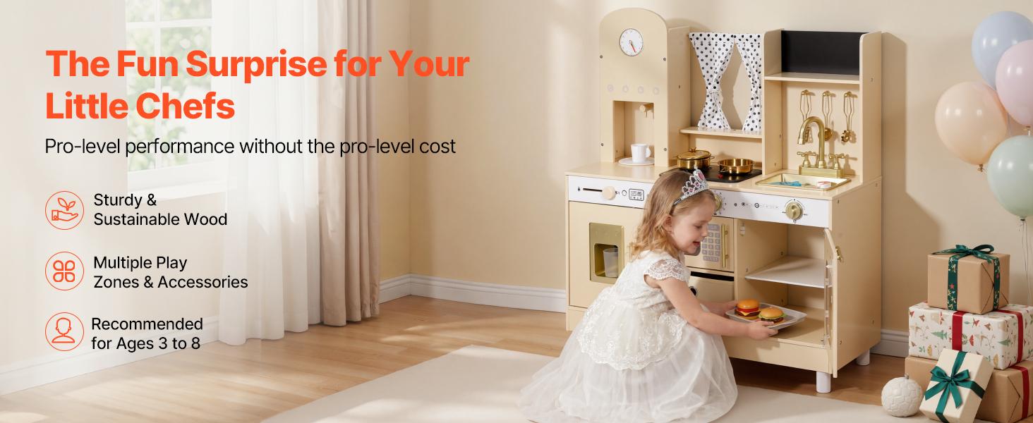 VEVOR Play Kitchen for Kids, Wooden, Kids Kitchen Playset with Realistic Lights & Sounds, Food & Cookware, Modern Style Pretend Play Toy Set, Ice Maker, Microwave, for Toddlers, Girls & Boys Ages 3-8