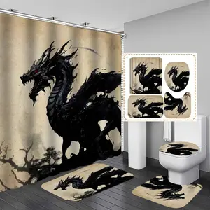 4PCS Black Dragon Shower Curtain Sets with Rugs, Waterproof Fabric Beige Shower Curtain, Fantasy Magic Animal Mythical Medieval Creature Dragon Bathroom Decor, Dragon Gifts for Men Teen Boys