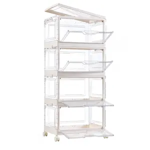 Portable Clear Storage Bins with Lid & Wheels, 24QT Clear Storage Bins with Lid, 4-Tier Plastic Bins with Wheels, Stackable, Magnetic Doors, for Bedroom, Living Room, Office