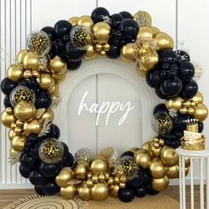 140pcs Of Black And Golden Balloon Wreath Arch Set Black And Golden Colorful Paper Scraps Latex Balloons Birthday Parties, Graduation Ceremonies, Father's Day Decorations Wedding Ball. Anniversary Day Adult Birthday Retirement Party Decorat Round