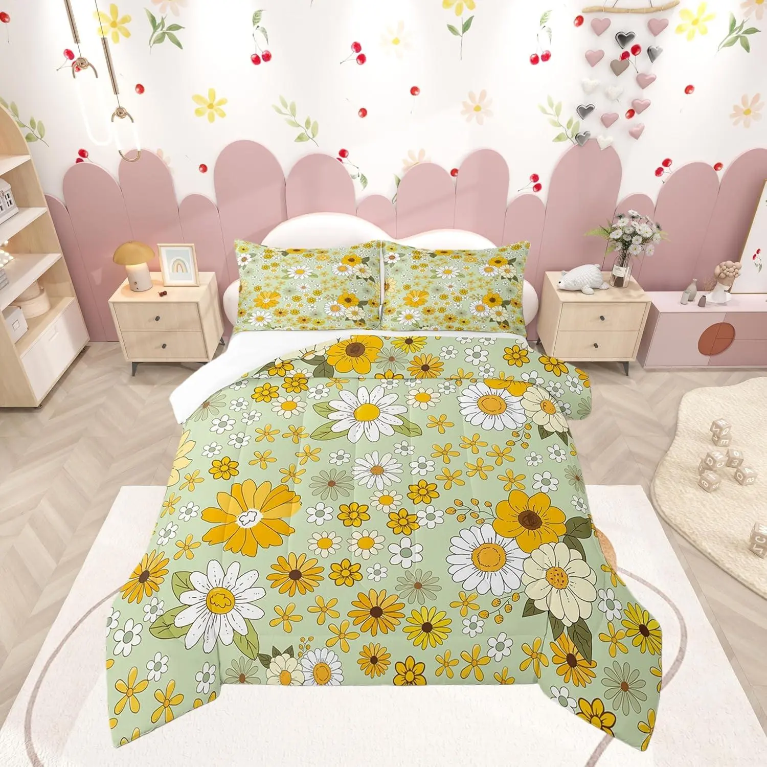 Vintage Floral Comforter Set,Boho Spring Fresh Flowers Bedding Comforters Bedroom Decor,Trippy Hippie Groovy Botanical Microfiber Duvet Set