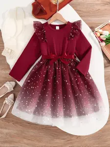 Spring and Autumn girl's dress, elegant temperament, star and moon mesh A-line dress for girls