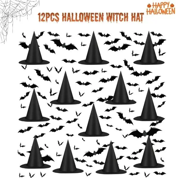 12PCS Reusable Halloween Witch Hat & Bat Stickers Set, 157FT Nylon Hanging Cord Included, Spooky Home Party Decoration Supplies for Ceiling & Wall Ornaments