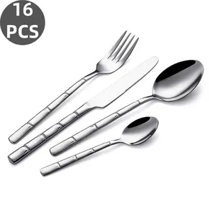 16Pcs Bamboo Joint Handle Stainless Steel Cutlery Set, Mirror Polished Knife Fork Spoon Dessert Spoon, Rustproof Dishwasher Safe Flatware for Home Kitchen, Family Meals And Holiday Gifts