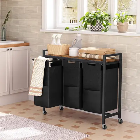 HOOBRO 3-Section Industrial Rectangle Portable Laundry Hamper, Free-Standing Laundry Organizer with Lock-in Wheels, Iron Frame, 3×11.5 Gal (43.4L) Large Pull-Out Removable Oxford Fabric Liners, Rustic Brown & Black Home Storage Basket