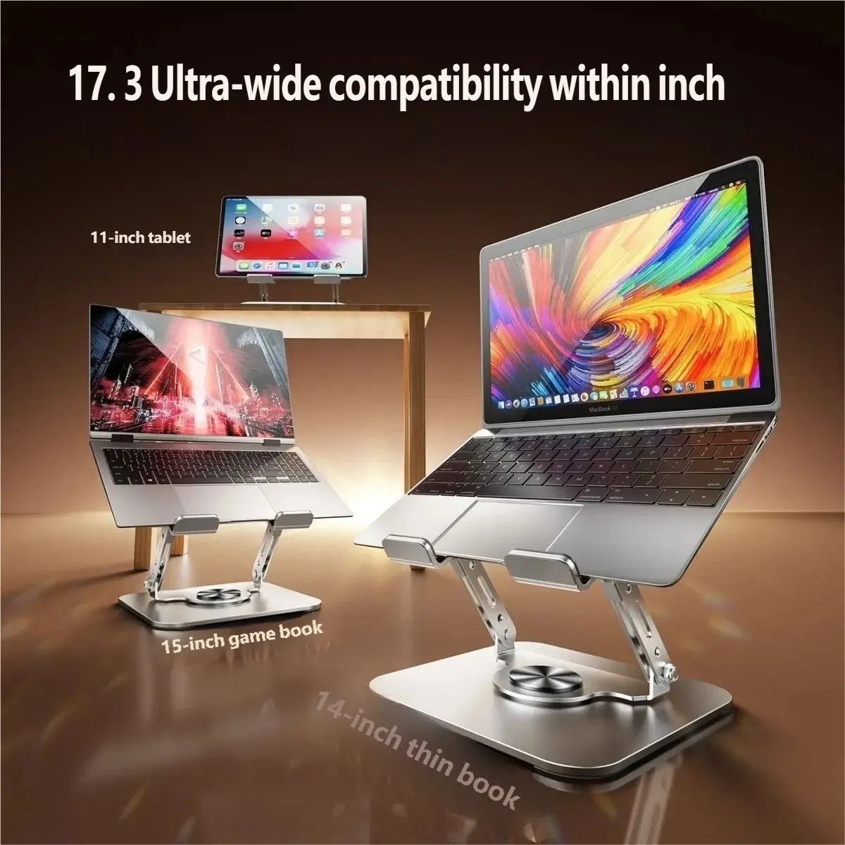 Laptop stand, tablet stand, with a 360° rotating base; adjustable, foldable, and portable; suitable for office and home use; provides excellent heat dissipation; compatible with laptops and tablets ranging from 10 to 17 inches.