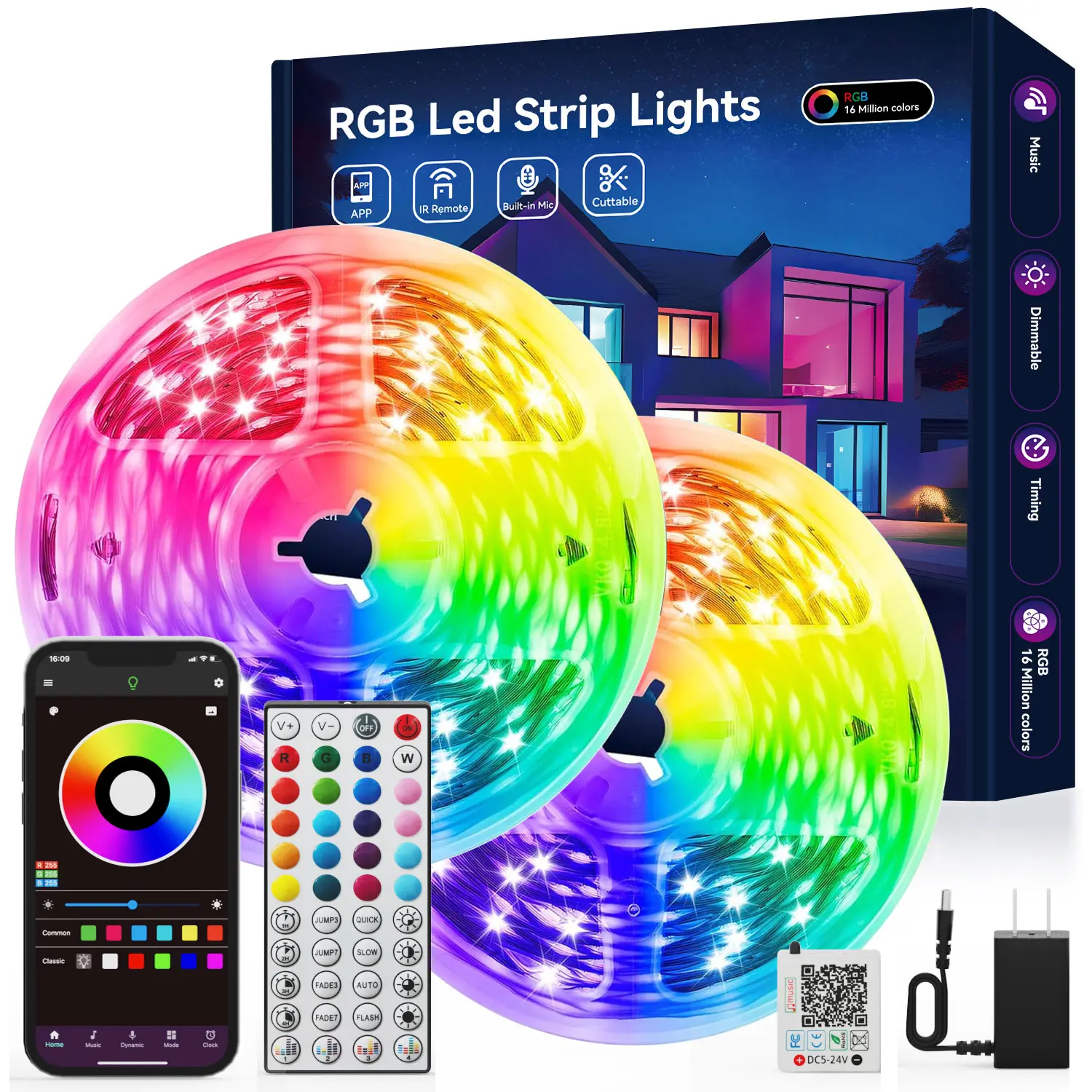 Smart RGB LED Light Strips, App & Remote Control, Music Sync, Color Changing, Perfect for Bedroom, Dorm, Game Room, Home Decor