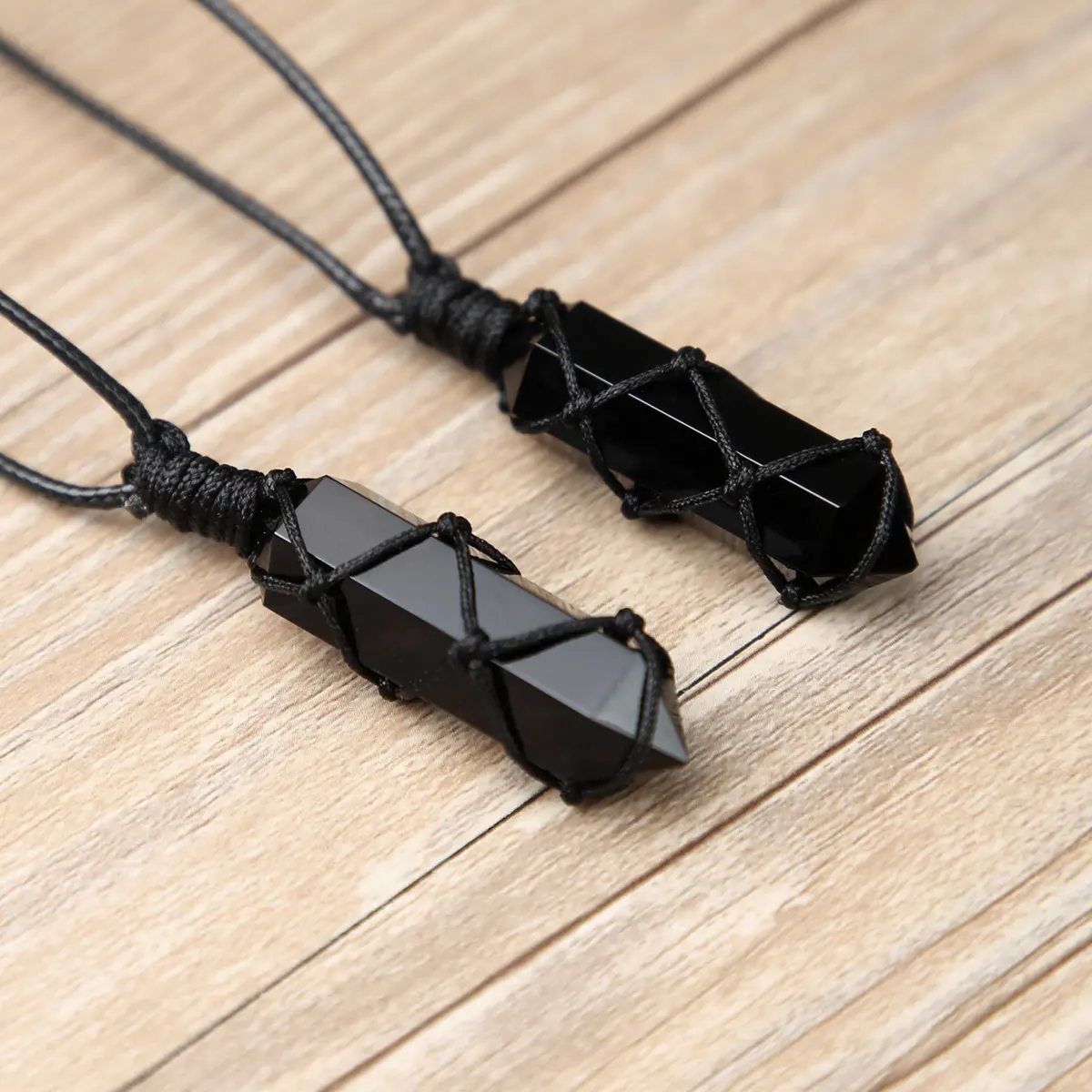 Double Pointed Obsidian Crystal Pendant - Hand-woven hexagonal prisms Healing Crystal Necklace Amethyst Black Onyx