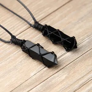 Double Pointed Obsidian Crystal Pendant - Hand-woven hexagonal prisms Healing Crystal Necklace Amethyst Black Onyx