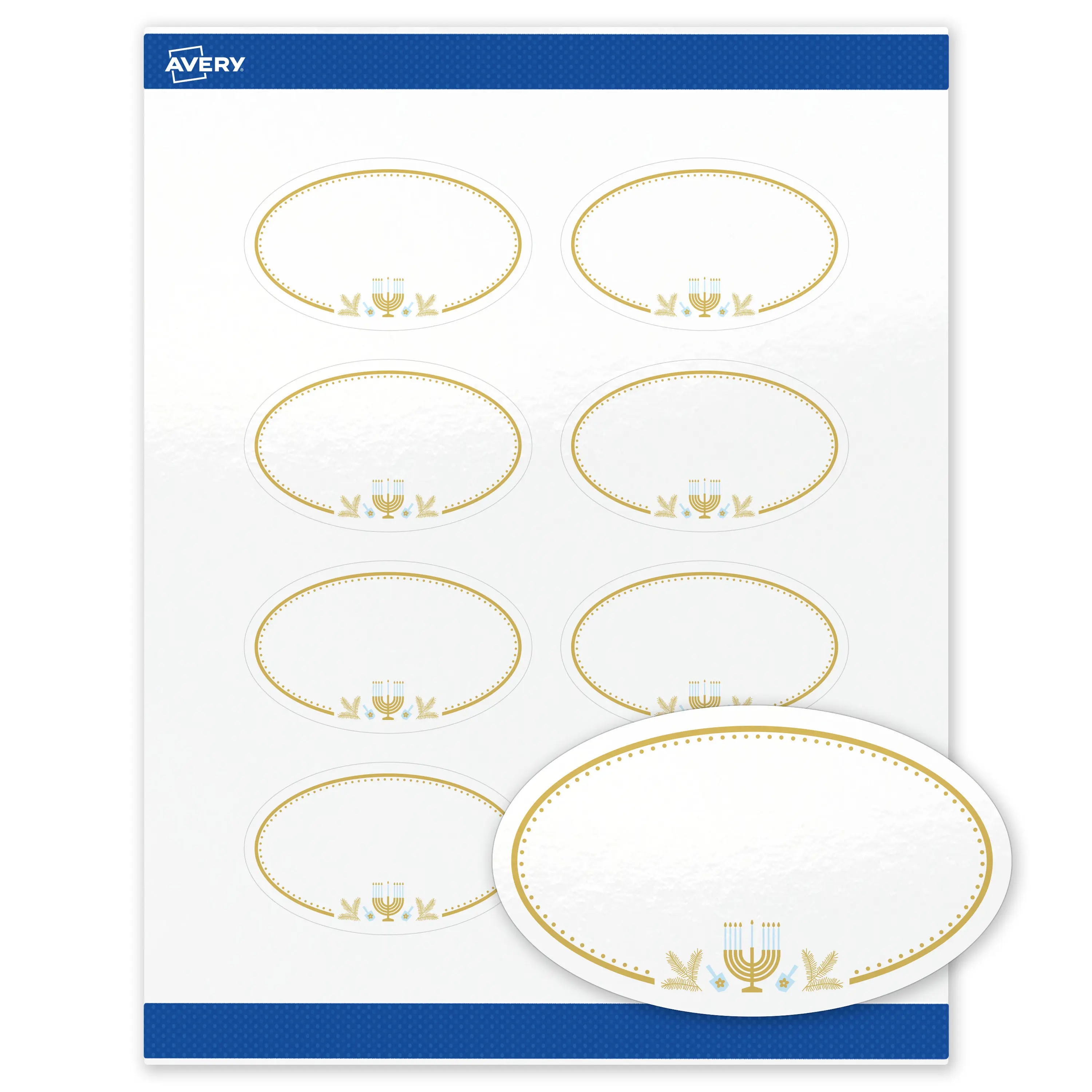 Avery® Printable Oval Labels, 2" x 3-1/3", Glossy White, Pre-printed Metallic Gold Menorah Frame Design, Sure Feed® Technology, Laser/Inkjet Compatible, 160 Total, Great for Hanukkah Branding