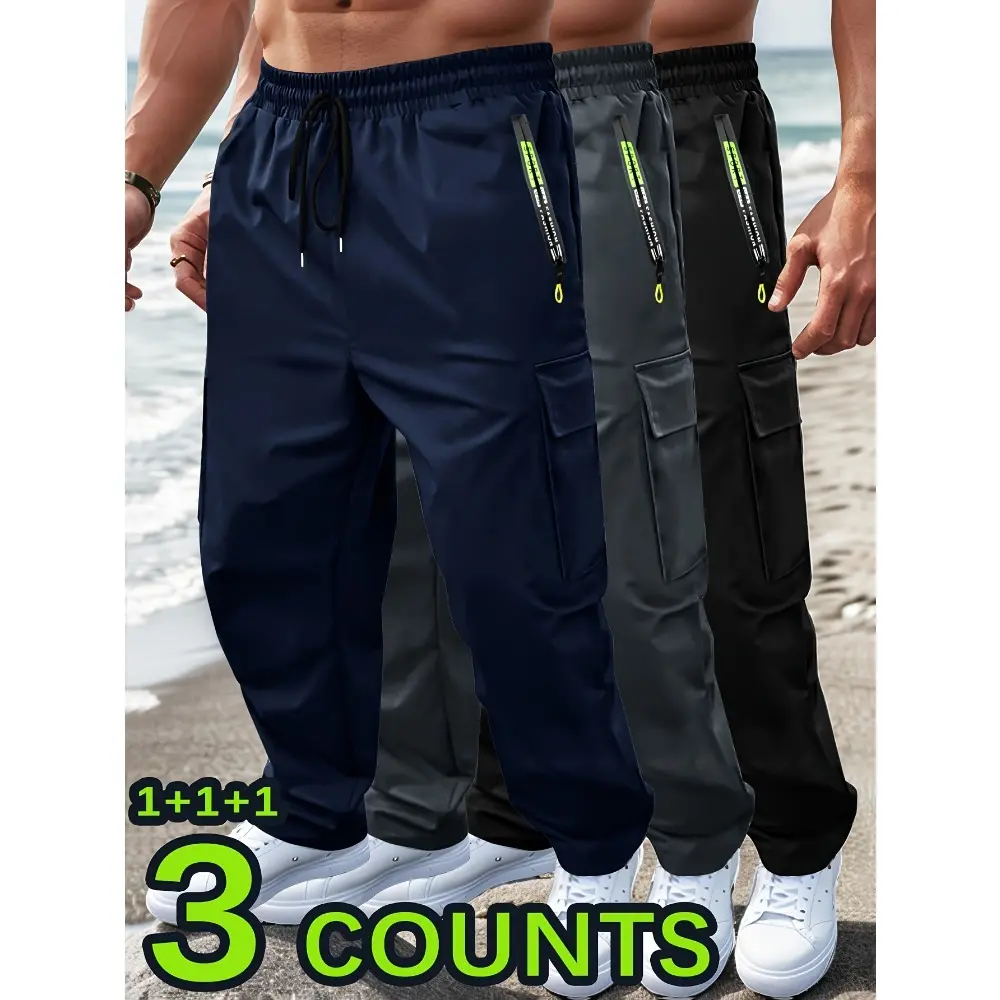 TNZI Men's 3-Piece Casual Polyester Pants, Straight-Leg Fit with Expandable Drawstring Waist, Large Pockets & Zipper Pocket