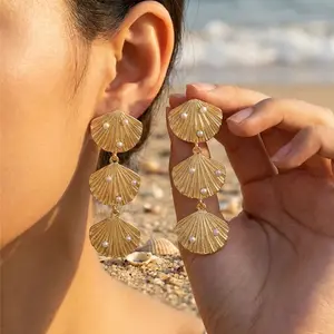 Ocean Multilayer Seas Pearl Dangle Earrings For Women Micro Inlay Imitation Pearl Metal Long Earring Beach Party Jewelry