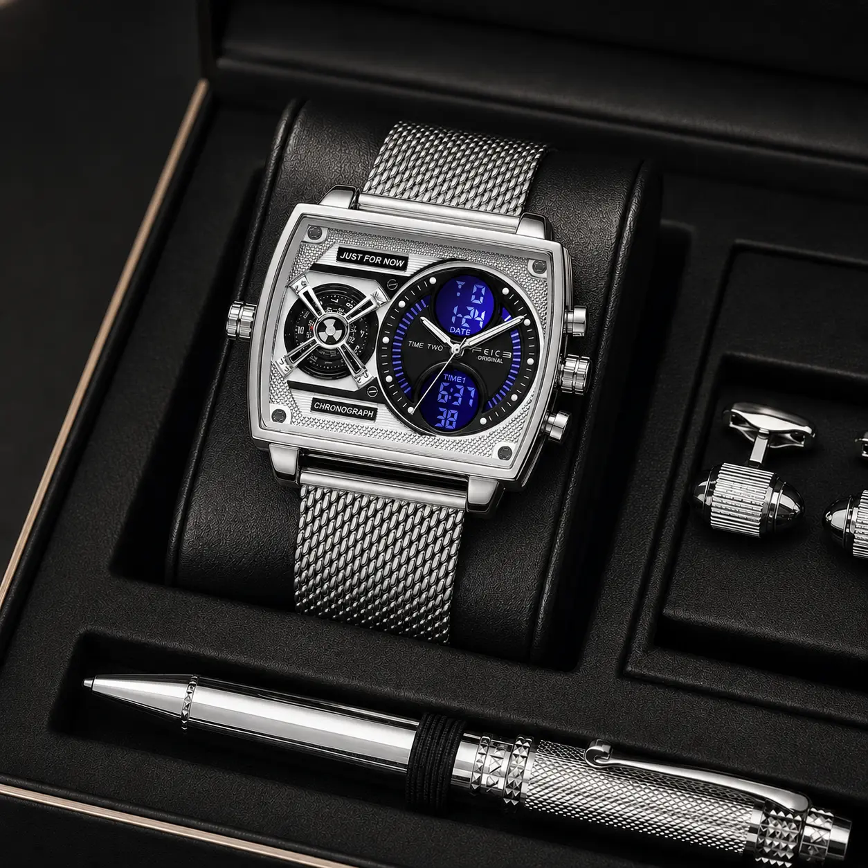 FEICE Men's Modern Waterproof Trendy Multifunctional Digital Watch - Stainless Steel Case, Milanese Mesh Band, Chronograph, Dual Time, Date Display, Luminous Details - Sporty Design for Casual, Active Wear, Modern Waterproof Watch, Trendy Multifunctional,