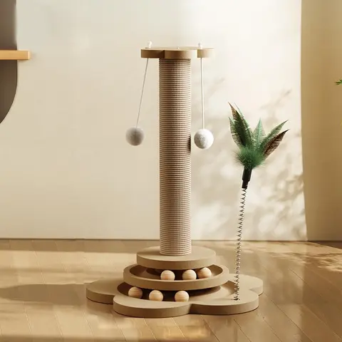 4-in-1 Cat Toy & Scratching Post - Natural Sisal Pad + Interactive Turntable + Cat Tree - Multi-Functional Wooden Play Center for Indoor Cats Vertical Scratcher