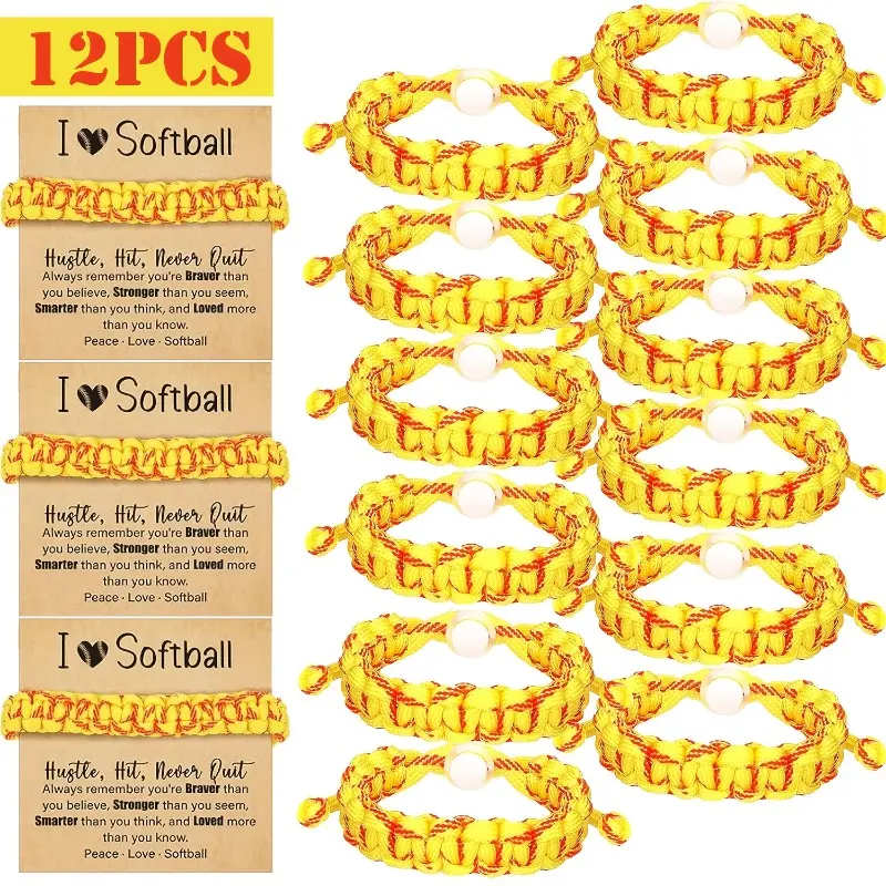 Women's 12-Pack Braided Softball Bracelets with Wish Cards, Handmade Nylon Jewelry with Adjustable Cuffs, Casual Daily Unisex Team Gifts