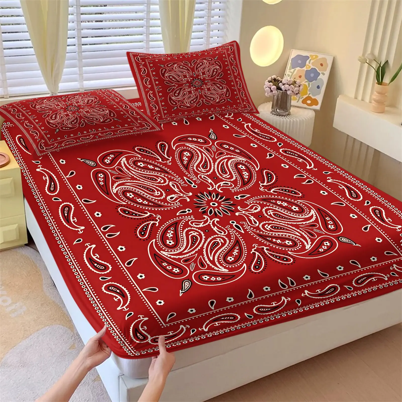 Red Bandana Paisley Fitted Sheet Set, 1 Fitted Sheet + 2 Pillowcases, Classic Western Bandana Print Soft Comfy Bedding, Soft Breathable Sheets Microfiber Bed Linen, All Season Boho Bedroom Decor