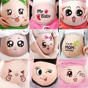 9 Piece Pregnant Belly Stickers Set, Funny Cute Cartoon Faces, My Mom Design, for Expecting Mothers, Party Celebration, 14+, Paper Material, Decal Sticker
