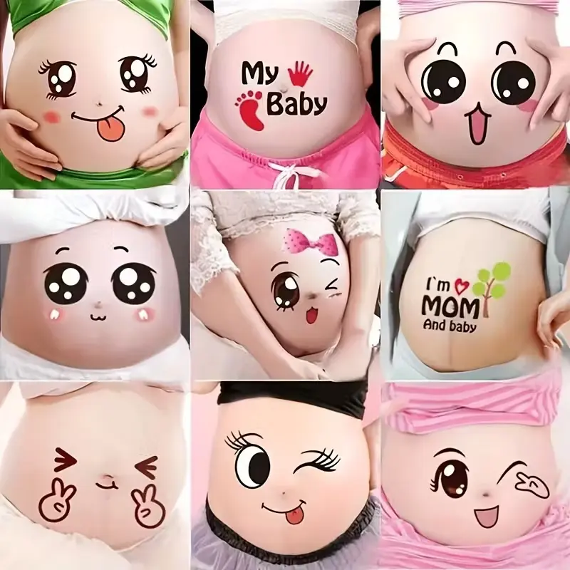 9 Piece Pregnant Belly Stickers Set, Funny Cute Cartoon Faces, My Mom Design, for Expecting Mothers, Party Celebration, 14+, Paper Material, Decal Sticker, Sticker Packs