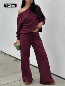 Women‘s Off the Shoulder Long Sleeve Jumper & Pants, 2 Piece Set Casual Fall Sweatsuit Outfits, Jumper Suit