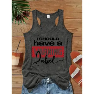 I Should Have A Warning Label Graphic Tank Top for Women Fun And Playful Sleeveless T-Shirt - Casual Casual Attire, Perfect for Relaxed Weekends Show Off Your Playful Personality Fun Statement Piece for Strong Women Easy to Pair with Shorts Or Jeans