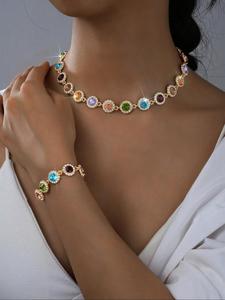 women's elegant rhinestone decorated necklace & bracelet, exquisite trendy jewelry set, fashionable accessories for party & daily clothing decor