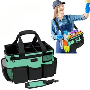 Portable Cleaning Bag with Carry Handle and Shoulder Strap Suitable for Storing Car Cleaning Tools Includes 5 Foldable Dividers (Green)