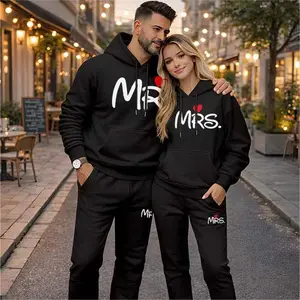 Couple's Mr Mrs Print Hooded Sweatshirt and Drawstring Sweatpants Set, Casual Sportswear, Long-Sleeve Hooded Jacket and Pants, Suitable for Autumn, Winter, and Spring, Everyday Wear, Tracksuit, Casual Athletic Wear