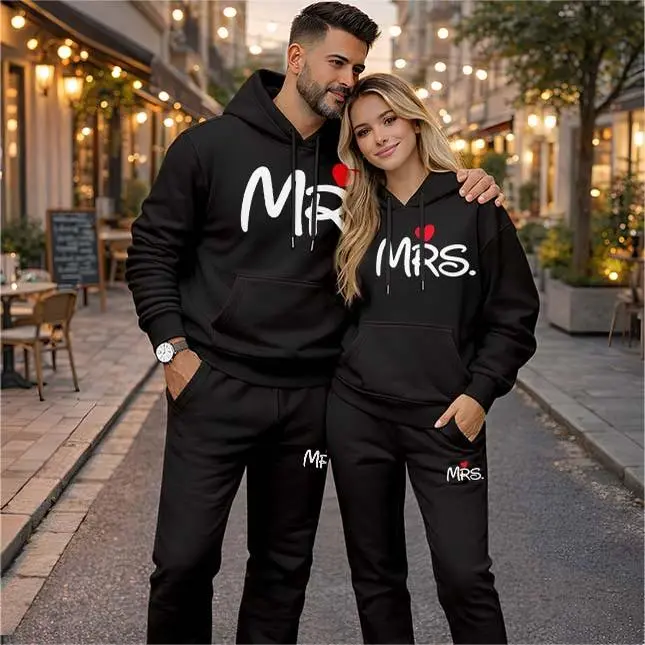 Men's Tracksuit, Casual 'Mr' Letter Print Couple's 2-Piece Set, Polyester Athletic Wear with Long Sleeve Hoodie and Drawstring Pants, Sportswear, Sweatsuit, Mensfashion, Machine Wash, Unisex Set, Full Length, Casual Sport