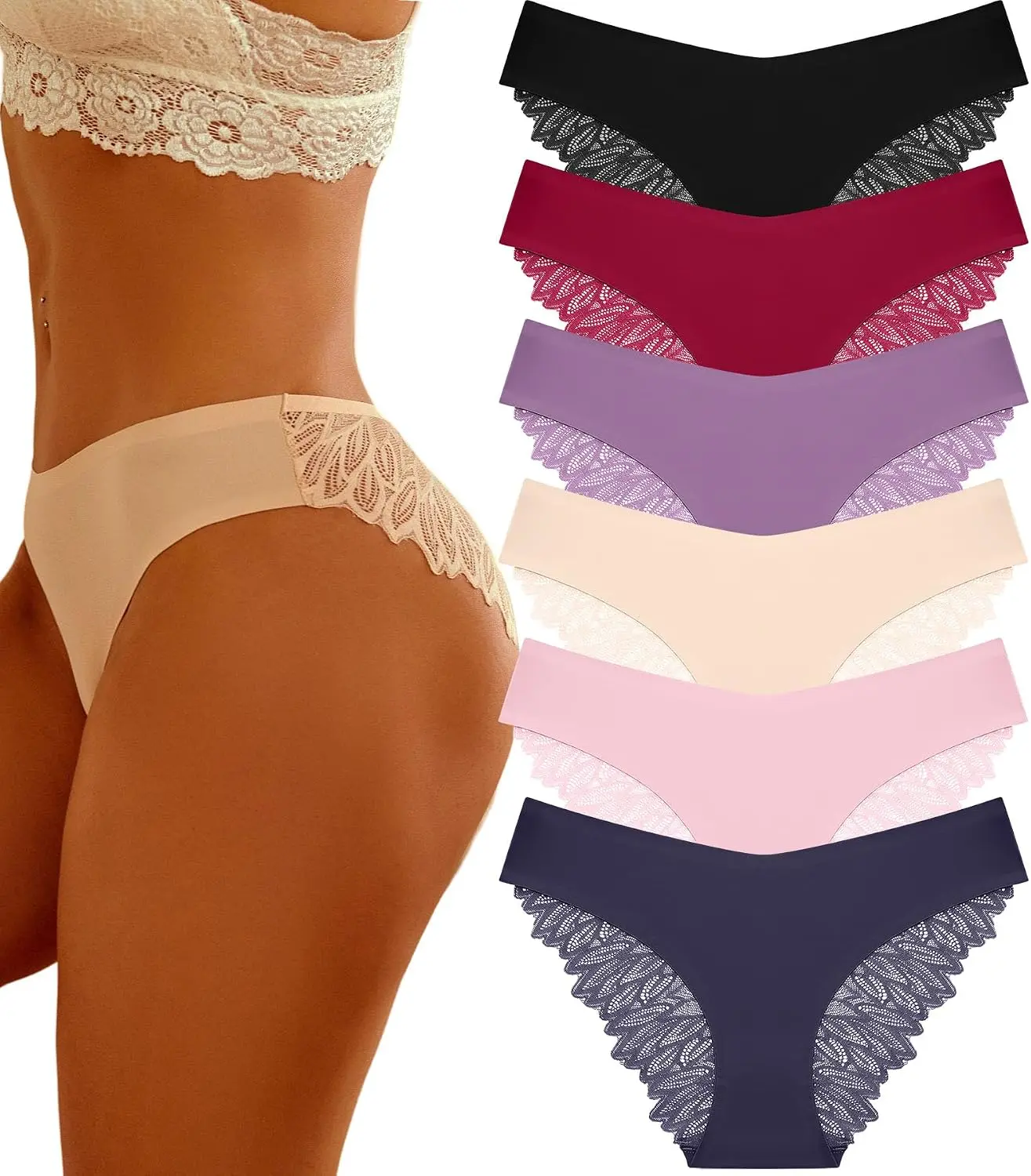 FINETOO Women's Lingerie & Womenswear, 6-Pack Silky Seamless No-Show Cheeky Hipster Panties with Lace, Lightweight Bikini Underwear for Ladies