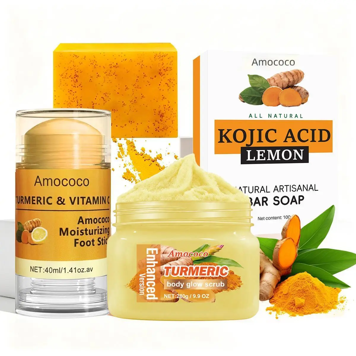 Turmeric Series Full Body Targeted Care Set – Turmeric Heel Repair Stick, Turmeric Soap & 280g Body Scrub, Daily Deep Cleansing & Foot Skincare Routine