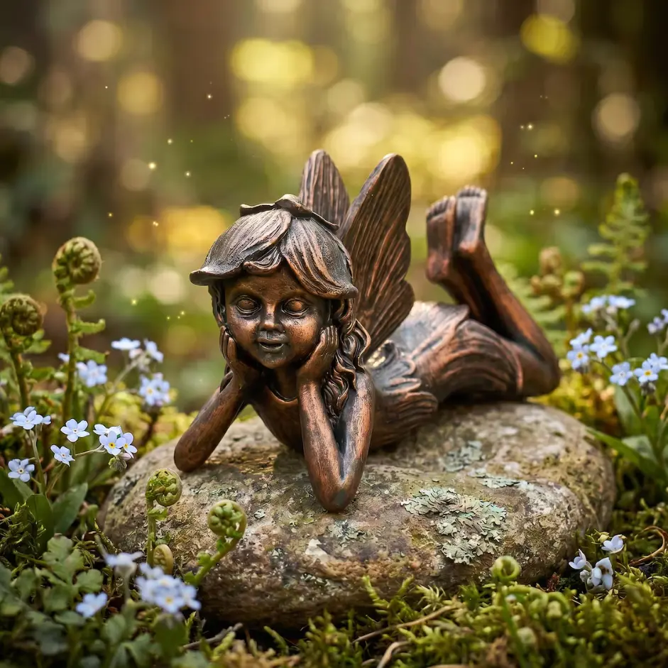 Bronze-Finish Lying Fairy Garden Statue, Whimsical Resin Angel Figurine with Wings, Vintage Sculpture, Outdoor Yd Ornament, Cottagecore Garden Decor