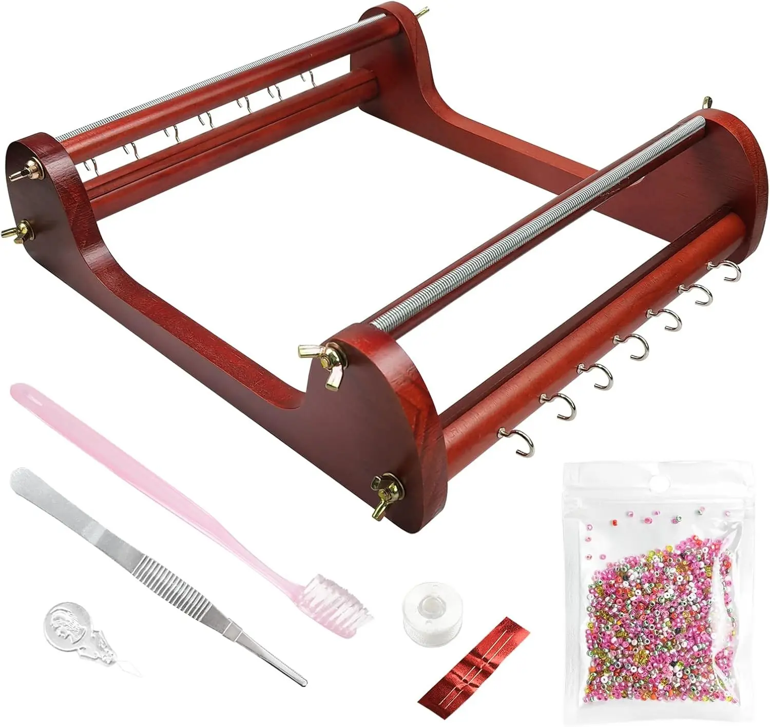 The Large Wooden Bead Loom Set with Seed Bead,Needle,Cotton Thread,Needle,Threader,Tweezre and Some Small Accessories,Jewelry Making Tools for DIY Necklace,Bracelet,Belts,and More