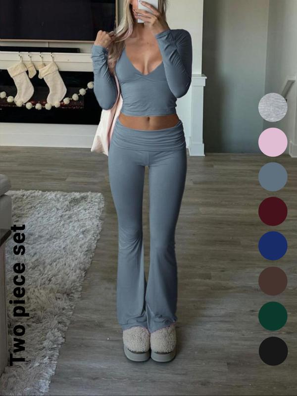 Slim-Fit Crop Top & Pants Two-Piece Set, Solid Color V-Neck Long Sleeve for Fall and Winter, Airport Outfit Slim-Fit Crop Top & Pants Two-Piece Set, Solid Color V-Neck Long Sleeve for Fall and Winter, Airport Outfit