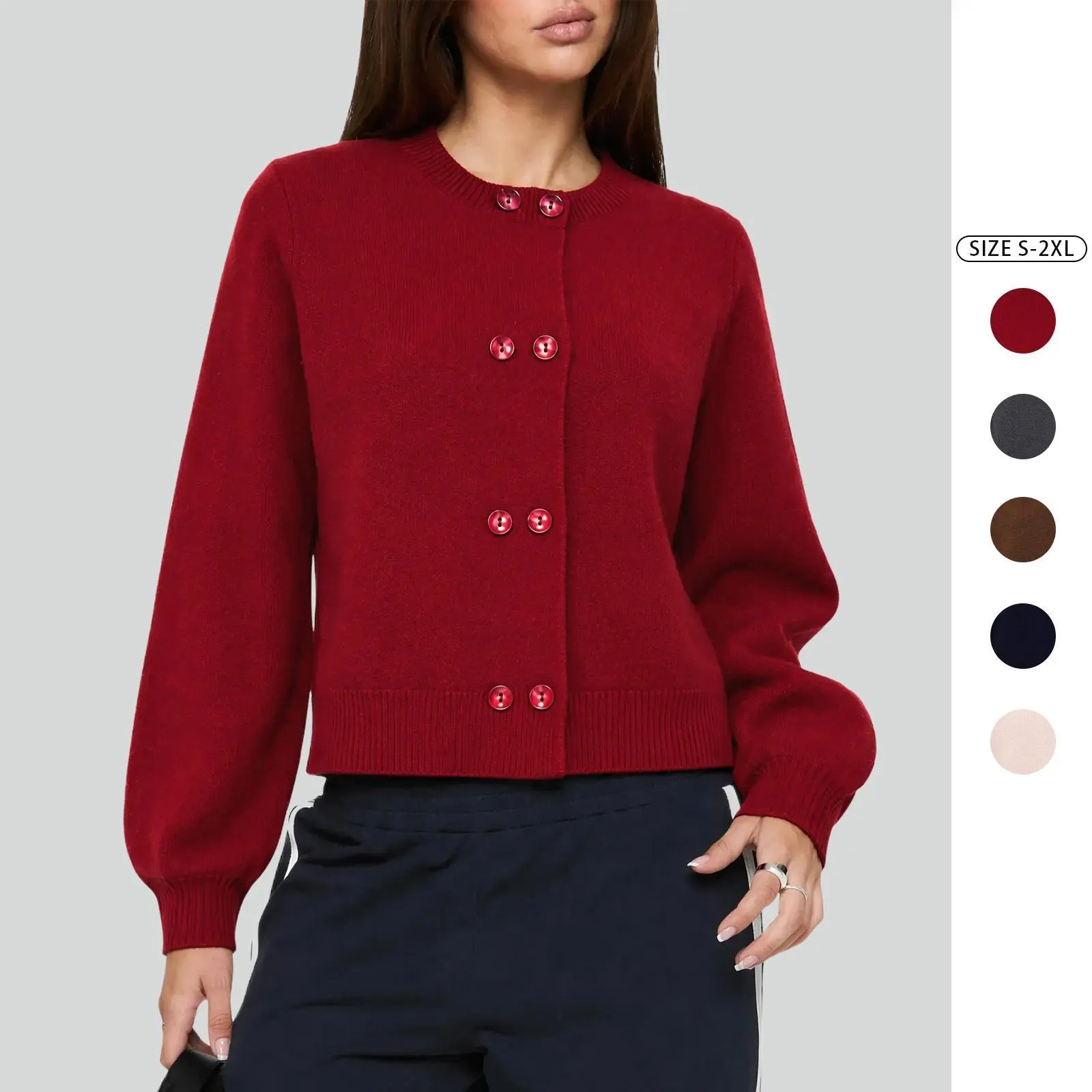 Imily Bela Women Double Breasted Puff Sleeve Cropped Knit Cardigan Soft Sweater Jacket