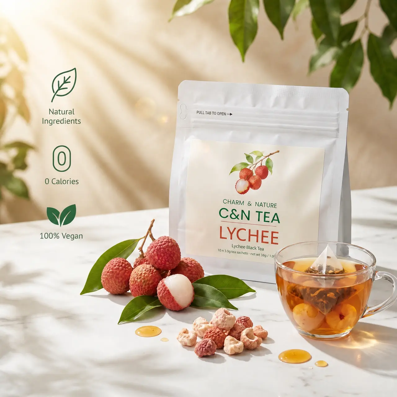 Organic Lychee Black Tea Bags Caffeine Free,Cold-brewed tea Edible corn fiber tea Bags ,(Lychee & Black Tea), Sparkling Powdered Mix Beverage Enjoy Hot or Iced. (10bags)