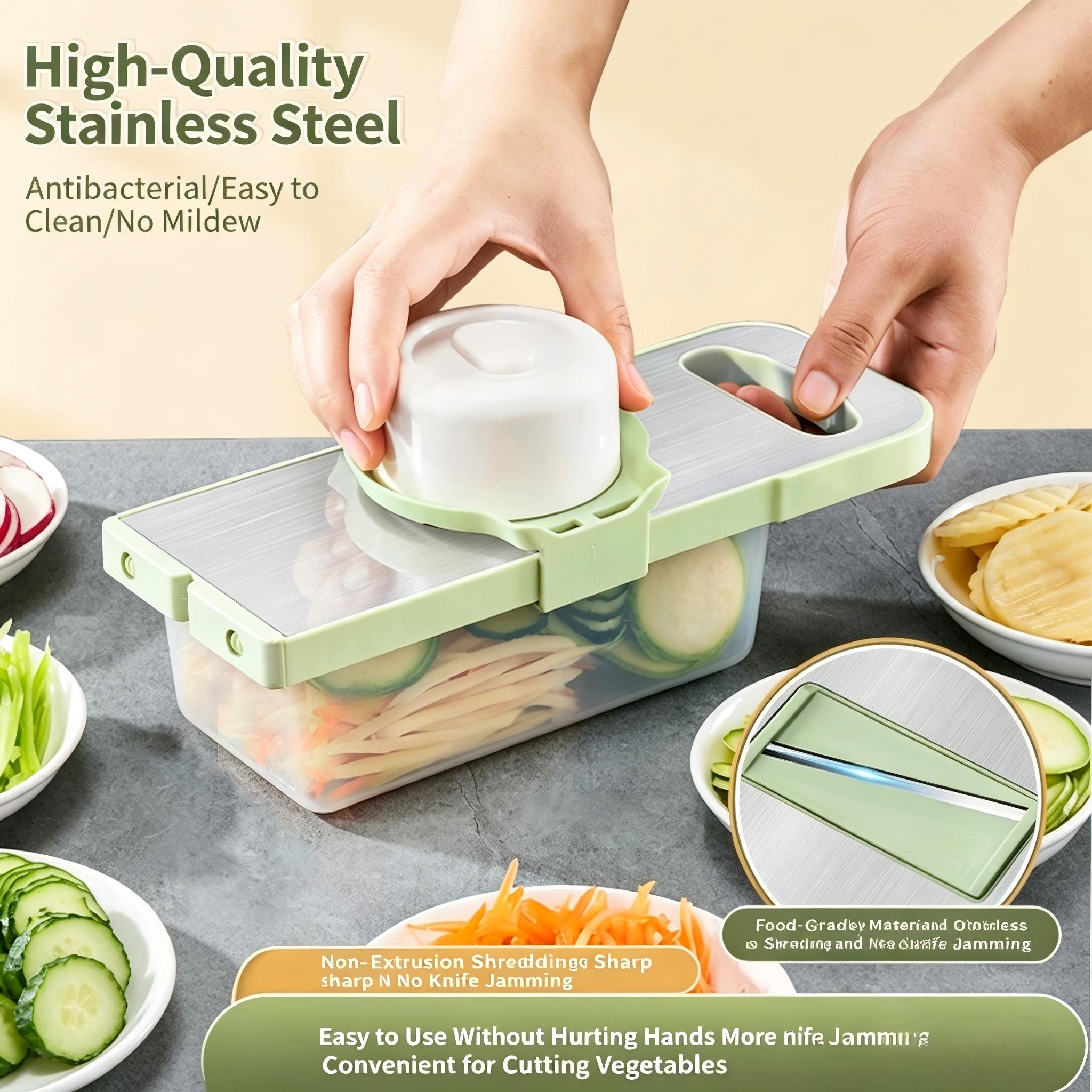 Multi-functional vegetable slicer with grater,adjustable stainless steel blades,comfortable handle,safety features,easy to clean,carrot grater,cabbage shredder,cucumber slicer, kitchen utensils