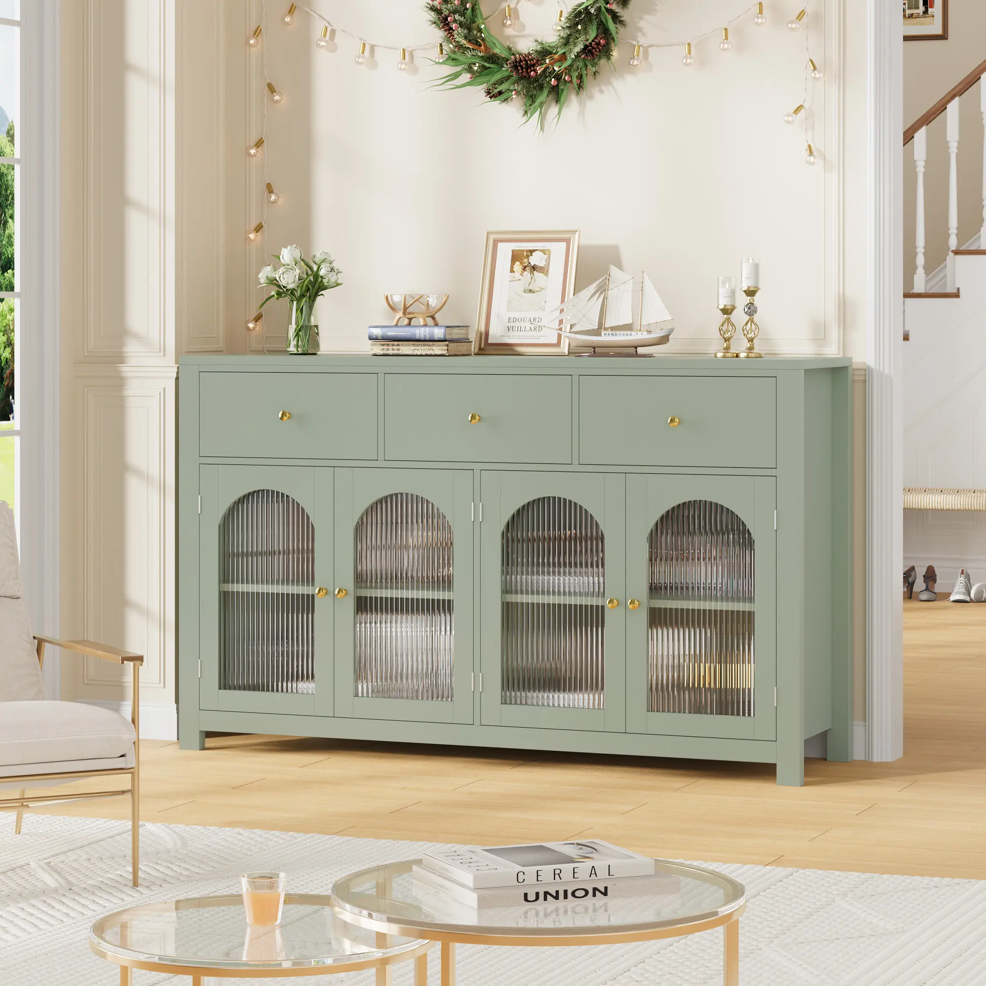 FOTOSOK Buffet Cabinet with Storage, 55.1" Large Sideboard Buffet Cabinet, Wood Coffee Bar for Kitchen Dining Room