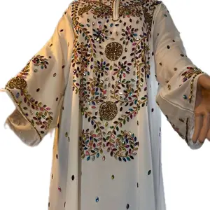 ABBAYA Beaded Sarkovaski Stone - Elegant White Dress with Colorful Beads and Gold Accents