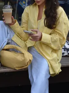 Women's Casual Loose Fit Striped Shirt Blouse, Comfortable Button Front Long Sleeve Top, Versatile Daily Wear, All Seasons Fashion