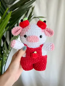 Handmade Crochet Apple Cow Plushie in Removable Overalls Dungarees