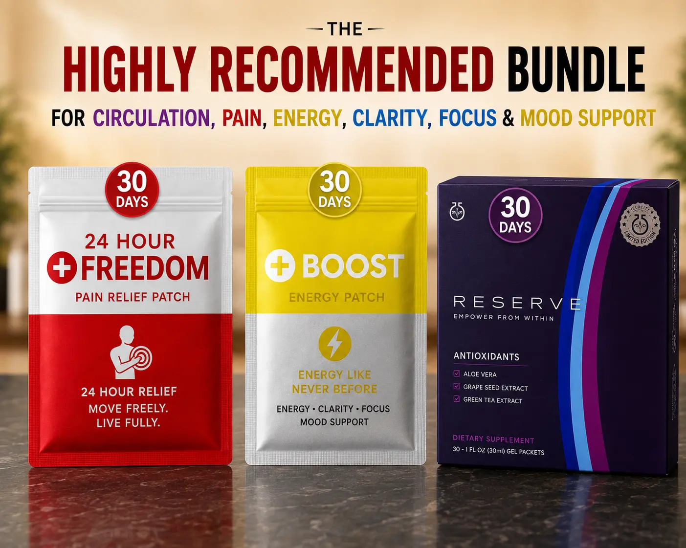 THE NEW ULTIMATE BIO-HACK BUNDLE 24hr Freedom, Boost+Patch & Reserve Bundle 30 days Each box (15mL) Wellness Supplements for Energy, Focus, Vitality, Anti-aging, Skin, Hair, Nails Diet Proprietary Blend
