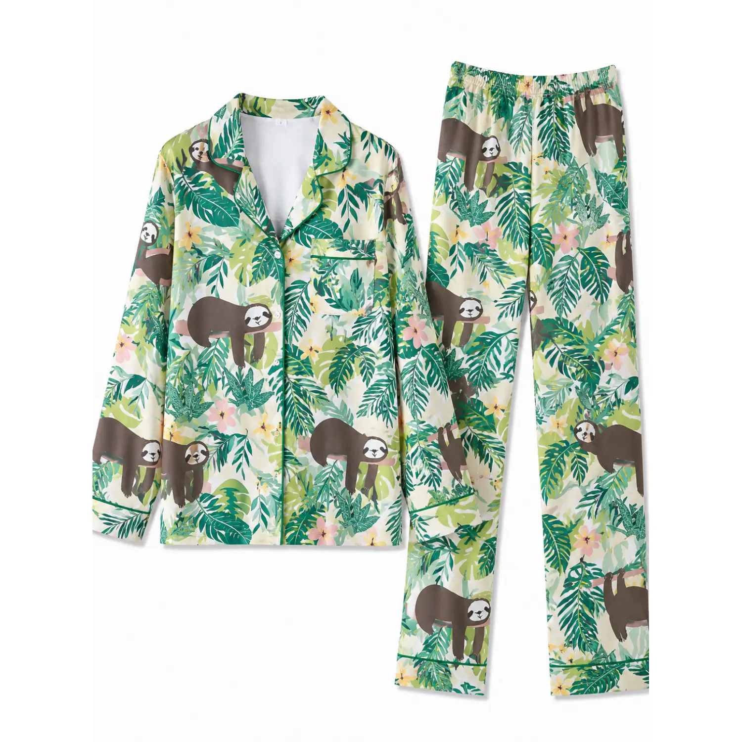 Long Sleeve Notch Collar Pajama Set | Autumn Winter Cozy Sleepwear with Playful Sloth & Vibrant Tropical Leaf Print
