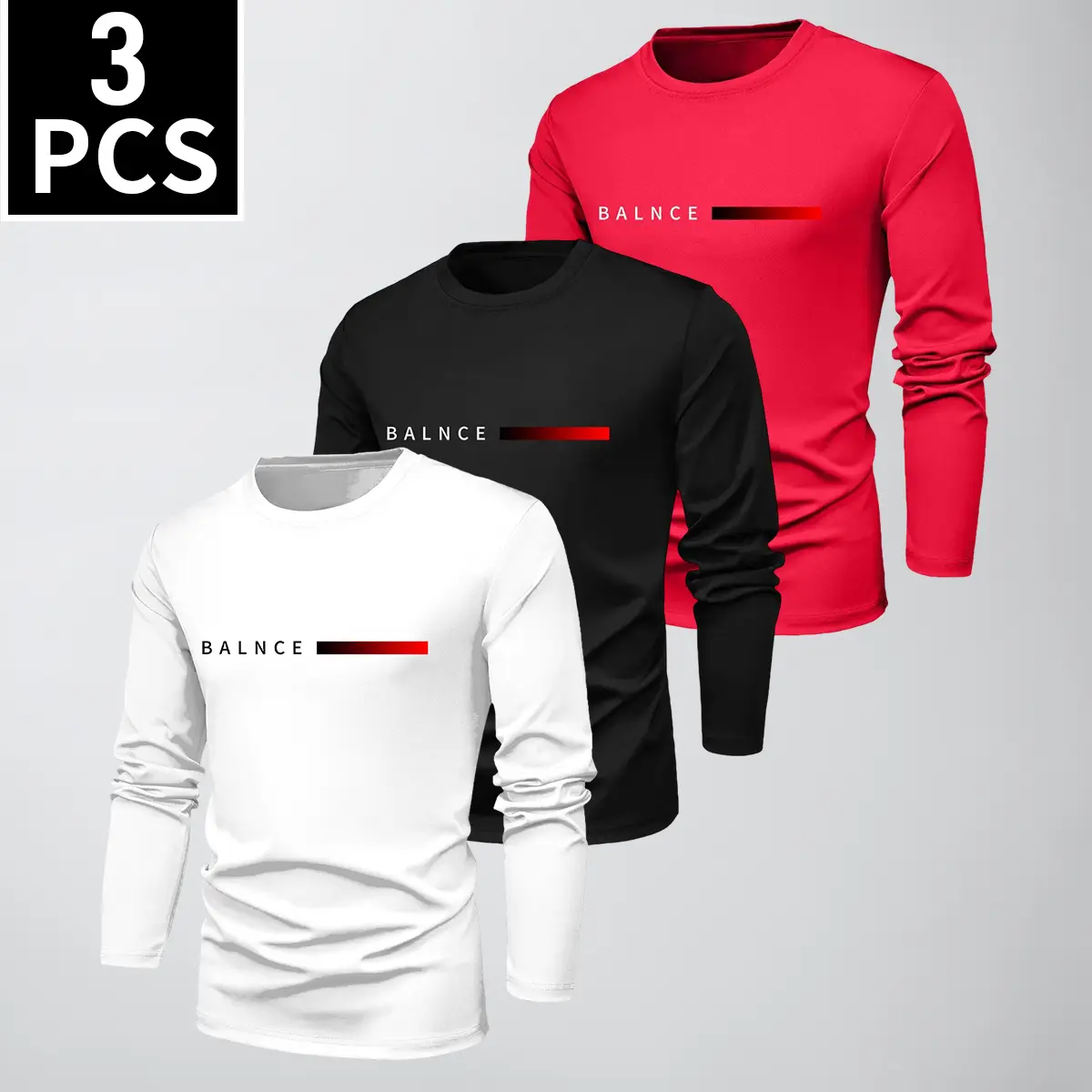 3-pack men’s solid-color casual long-sleeve tops, lightweight and comfortable crewneck long-sleeve T-shirts with a simple, relaxed design—suitable for everyday wear and outdoor activities.