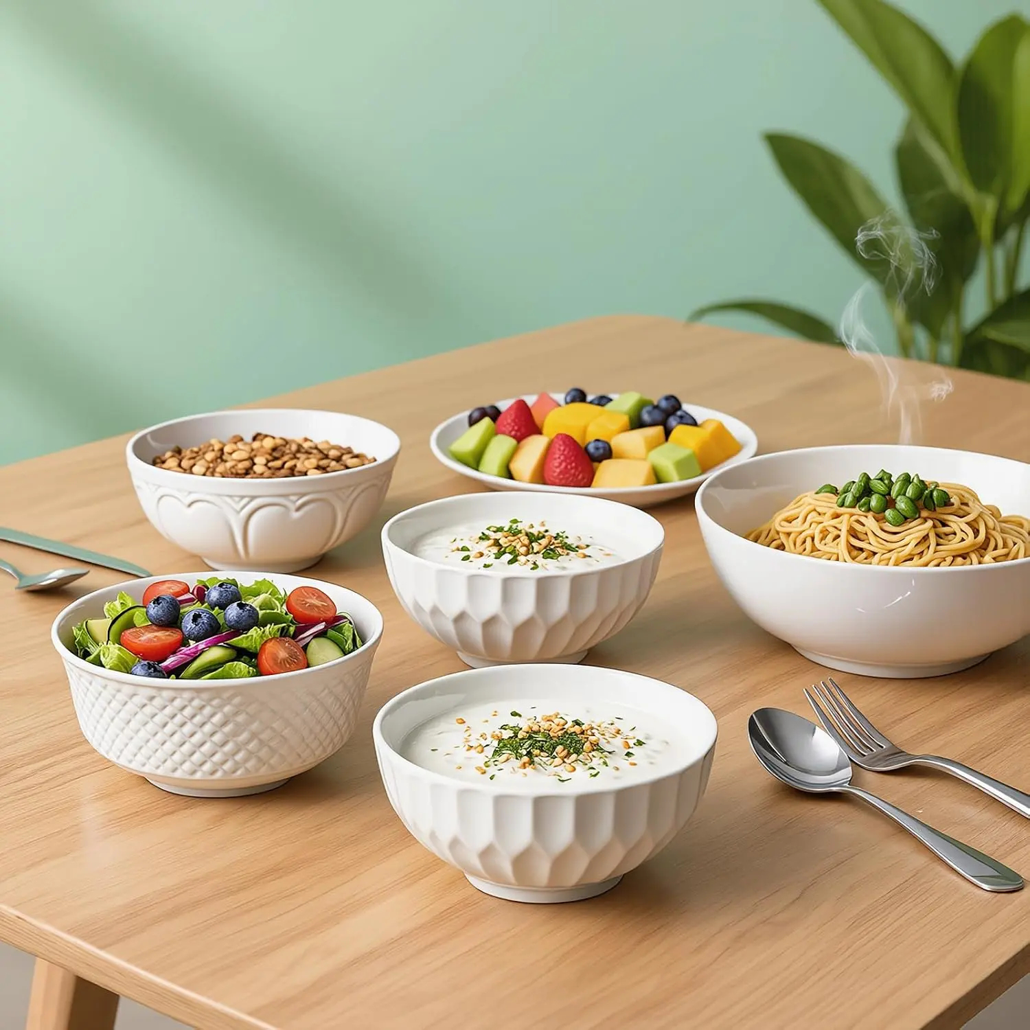 YQ&AMK 4-Piece 6in Arctic White Embossed Ceramic Bowls Set, 16.91oz Stoneware Bowls for Soup, Salad, Housewarming Kitchen Use