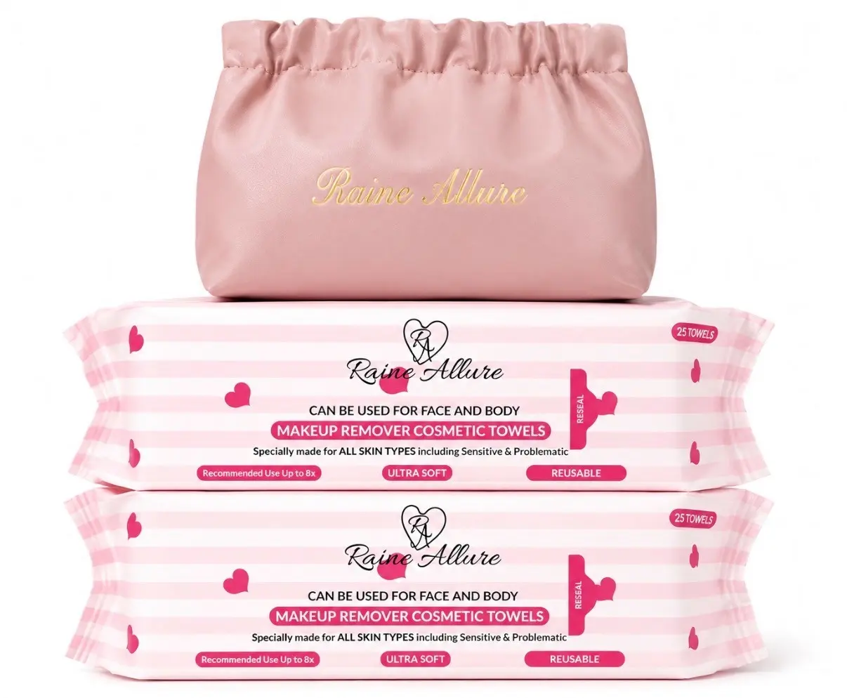 Two Raine Allure Makeup Remover Cosmetic Towel Packs. 200 Uses per Pack!  PLUS One On-the-go Travel Bag
